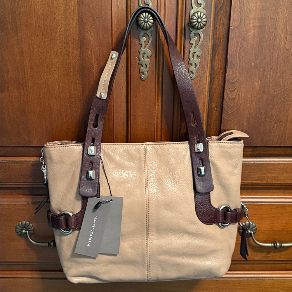 Francesco Biasia Beige Leather Shoulder Bag with Dark Brown Straps - Picture 16 of 16